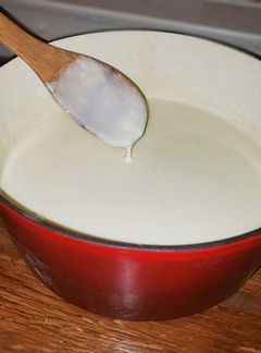 large red Dutch oven filled with raw milk yogurt after siting for 12 hours.